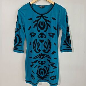 Young Threads Teal Black Embroidered Boho Tunic Mini Dress S